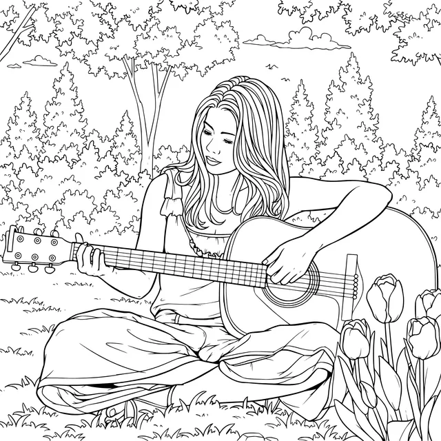 Girl Playing Guitar Outdoors Coloring Page