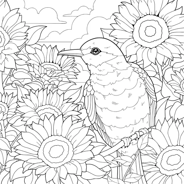 Blue Bird among Sunflowers