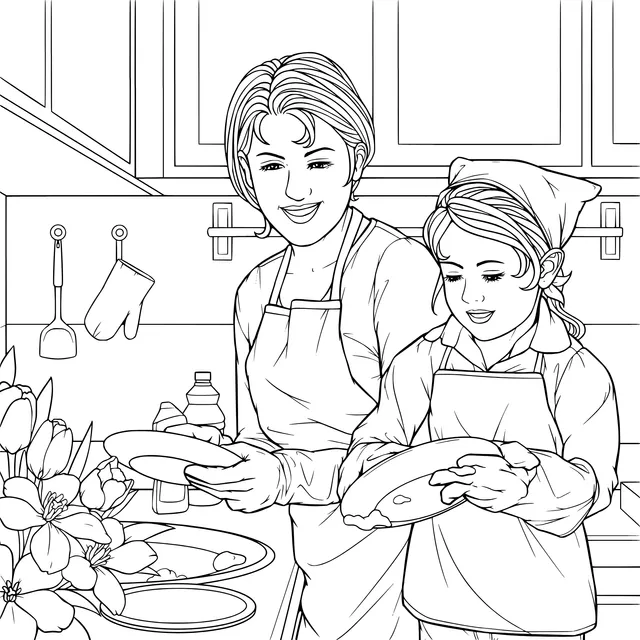 Mother - daughter Dish - washing in the Kitchen