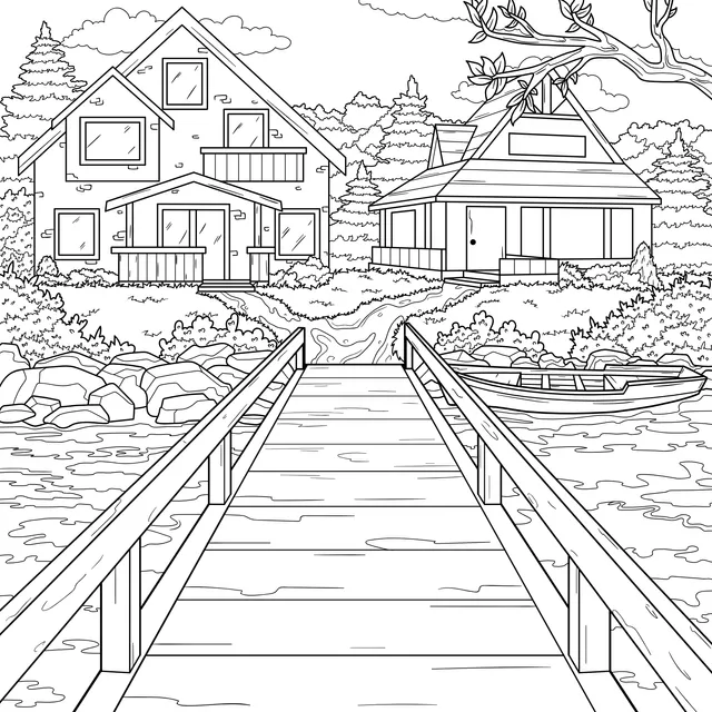 Wooden Houses by the River and a Wooden Bridge