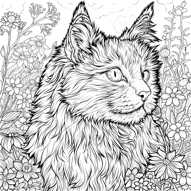 Long - haired Cat in the Flower Bed