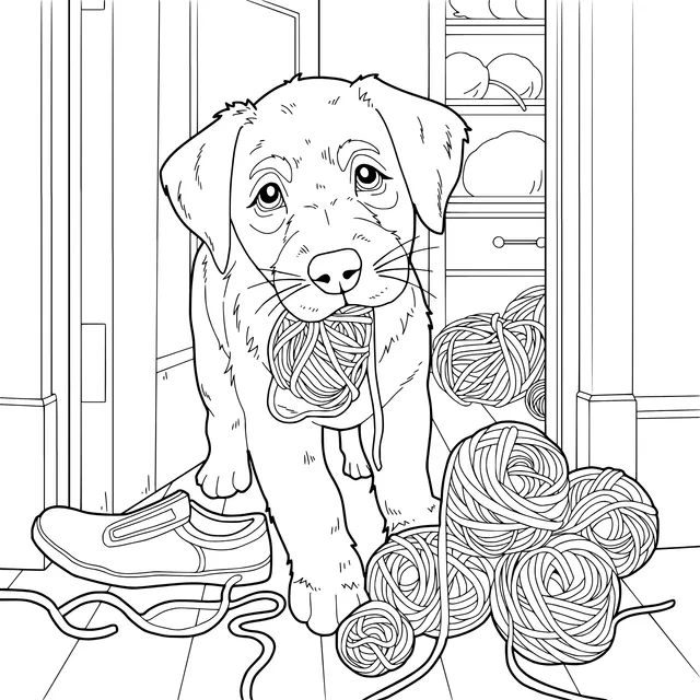 Puppy with wool in its mouth