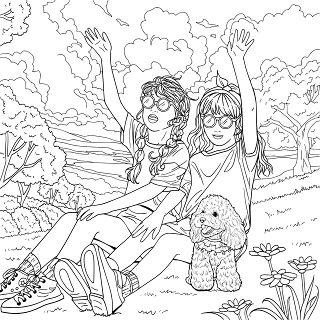 Girls' Joyful Outdoor Time with a Puppy