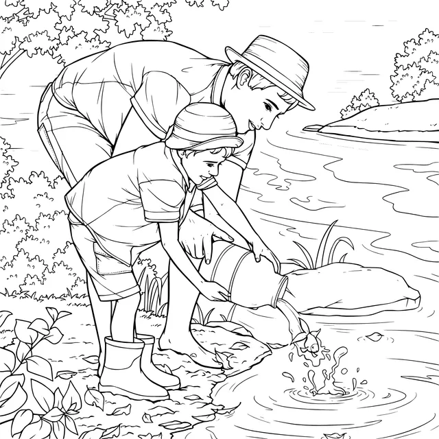 Father and son releasing fish by the river