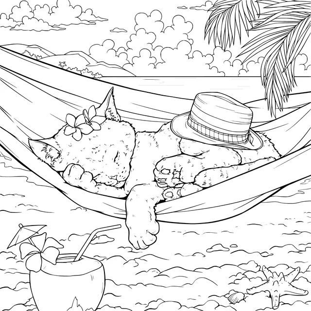 A Cat Relaxing in a Hammock on the Beach