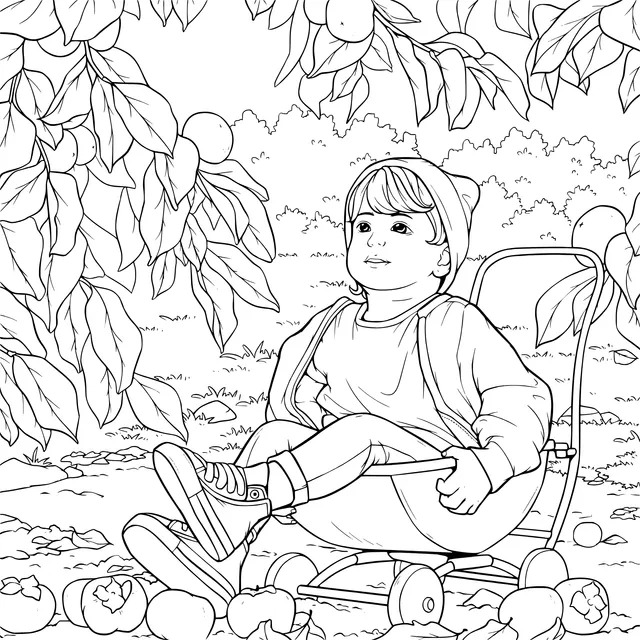 Child in a wheelbarrow and orange trees