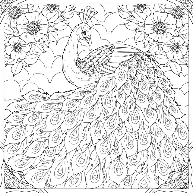 Beautiful Peacock and Blooming Flowers