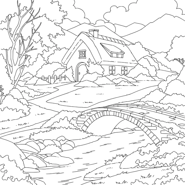 Cottage and Stone Bridge in the Countryside