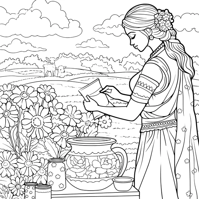 Woman arranging flowers in the countryside
