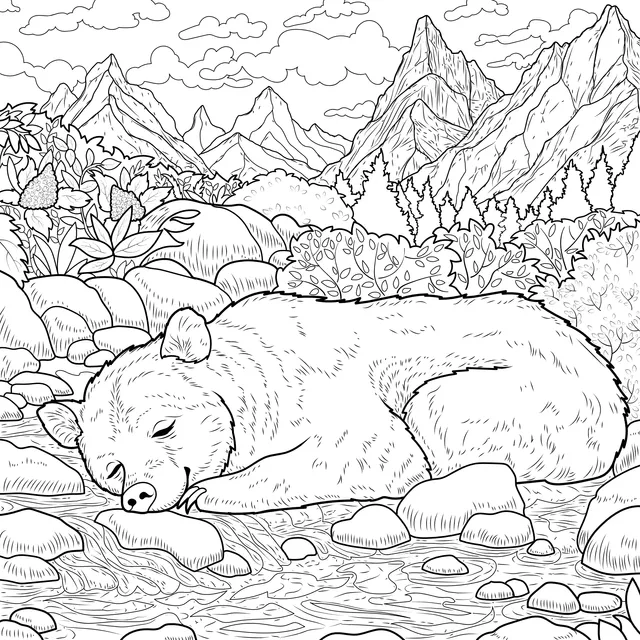 A Brown Bear Sleeping Soundly by the Stream