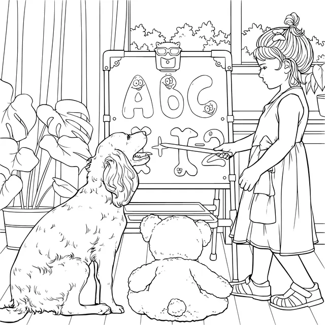 Little girl teaching the dog letters