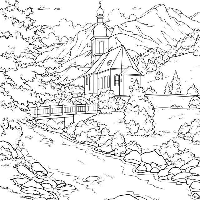 Church Scenery by the Rural River