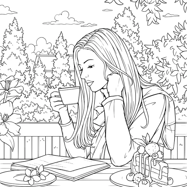A woman leisurely reading and enjoying refreshments in the garden