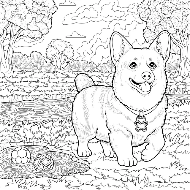 A Corgi Playing by the Stream