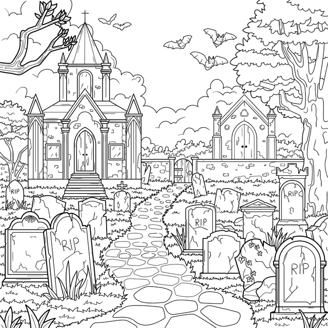 Gloomy Cemetery and Church Scene