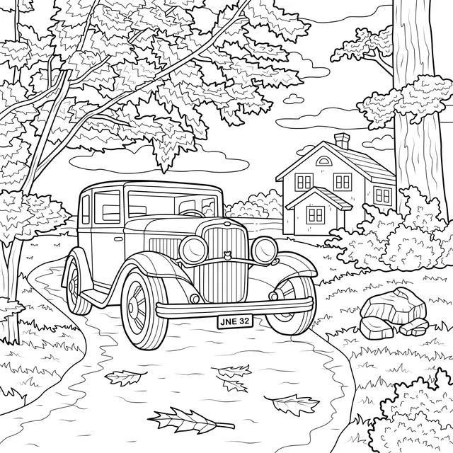 Vintage Car on a Country Road in Autumn