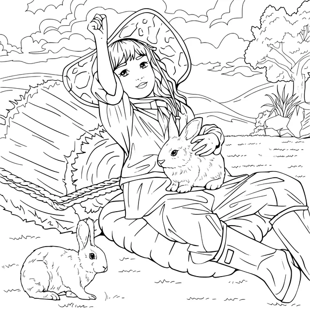 Girl and Cute Rabbits in the Countryside