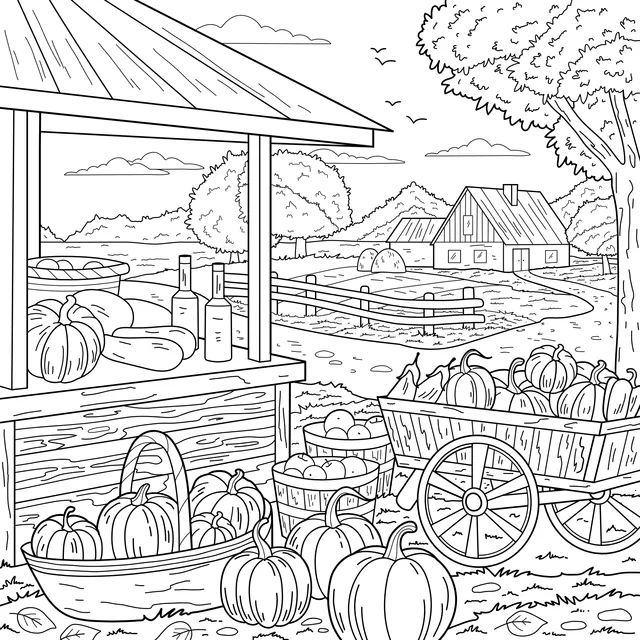 Autumn Farm Vegetable and Fruit Stand Scene