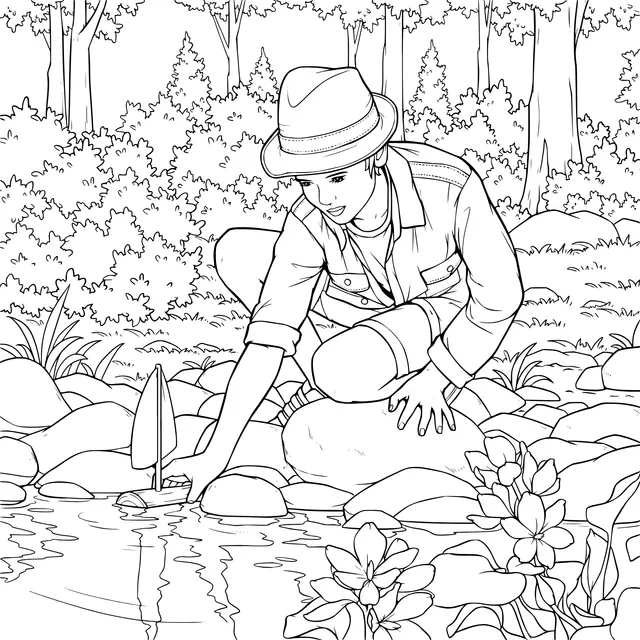 Person Playing with a Paper Boat by the Stream