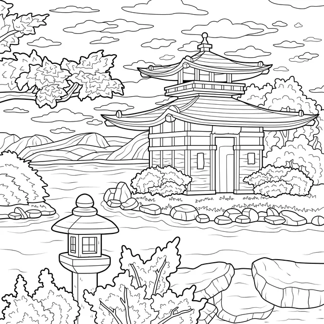 Japanese - style Building by the Lake in Autumn