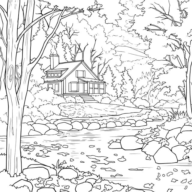 Autumn Wooden House by the Stream Scene