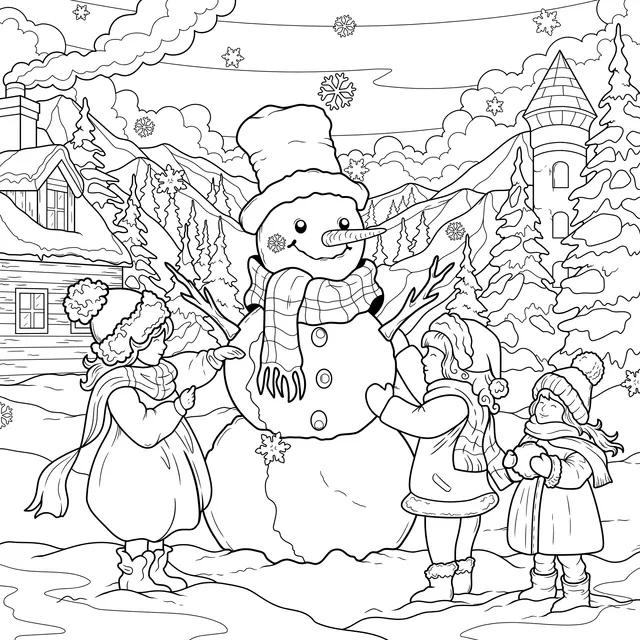Children Building a Snowman Scene