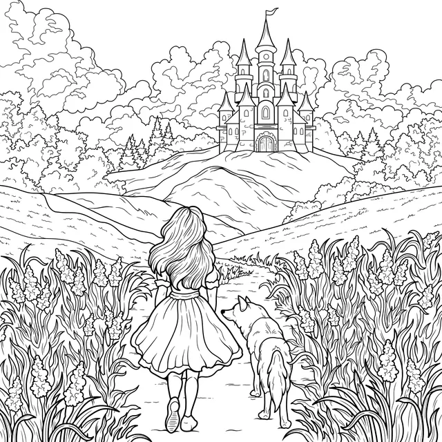 Girl and Dog Heading Towards a Castle