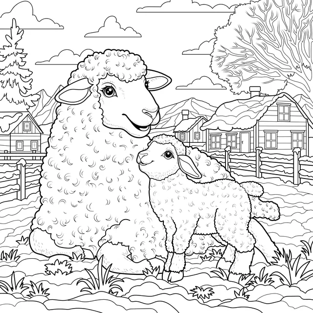 Mother - sheep and lamb in a winter countryside