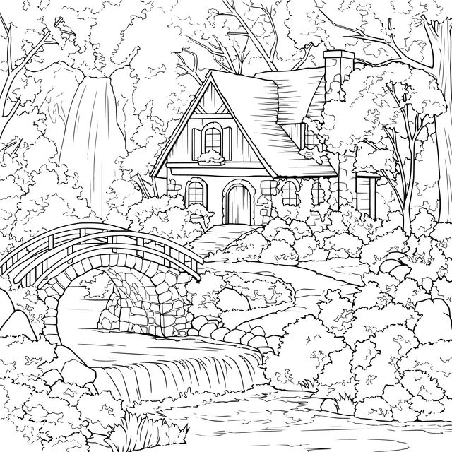 Cottage by the Stream in Autumn