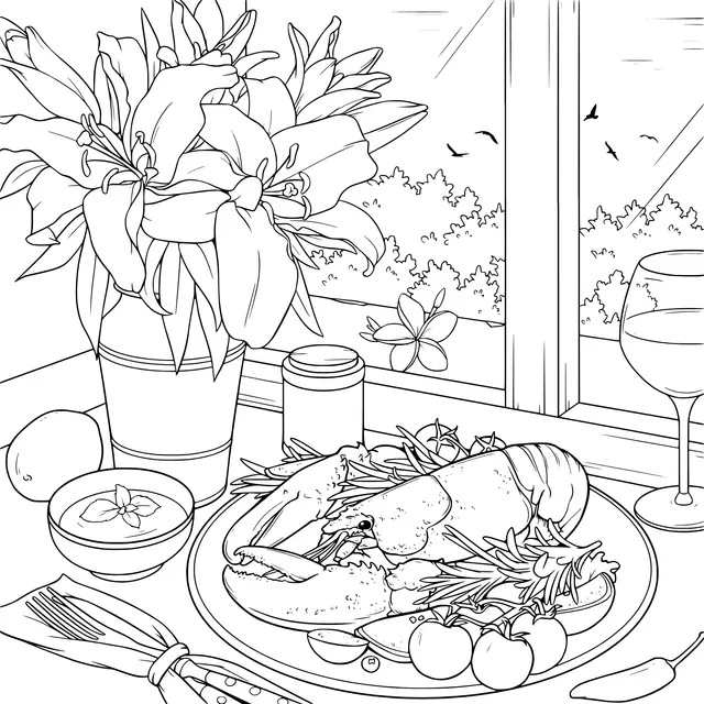 Delicious Food and Flowers by the Window