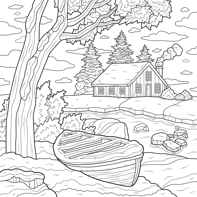 Winter Lakeside Cabin Scene