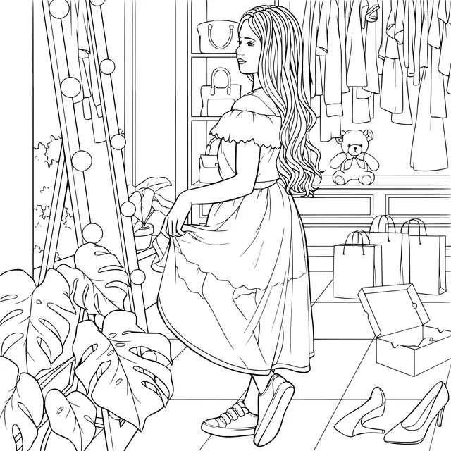 Girl trying on a new dress in front of the wardrobe