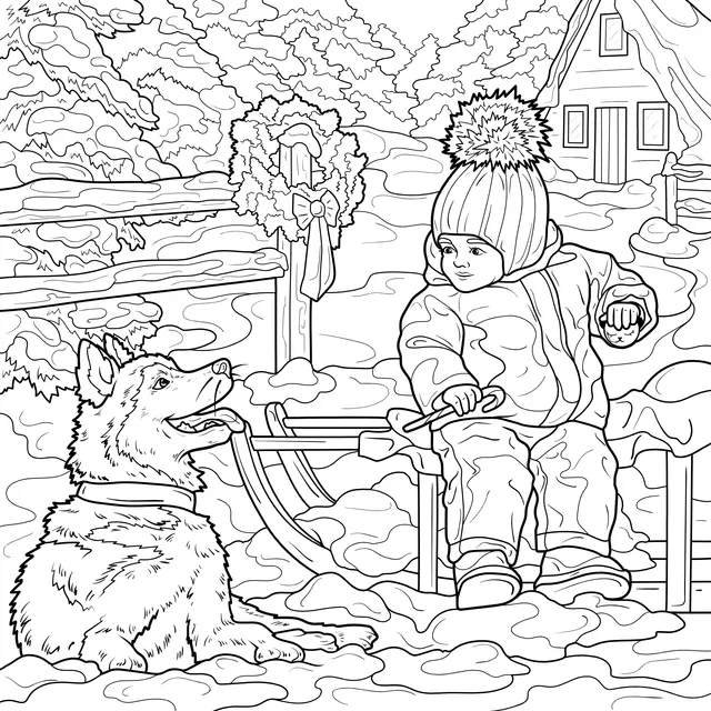 Little Girl and Dog by the Sled in Winter