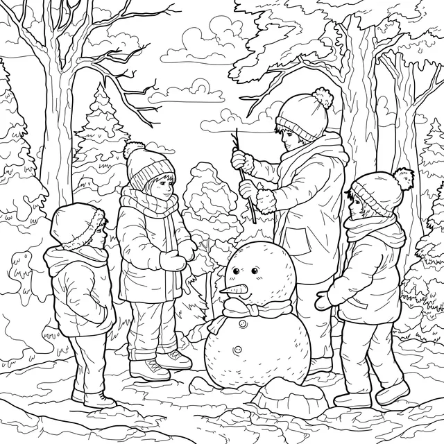 Winter Scene of Making a Snowman