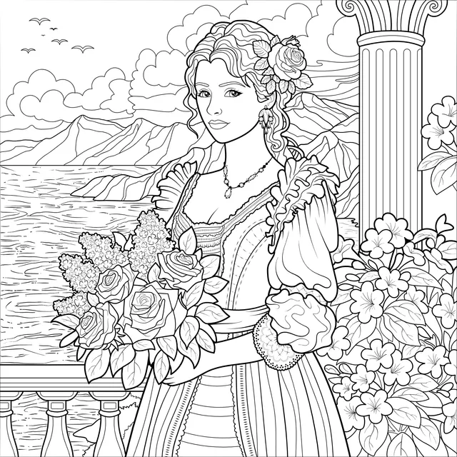 Woman in Classical Attire Holding Flowers