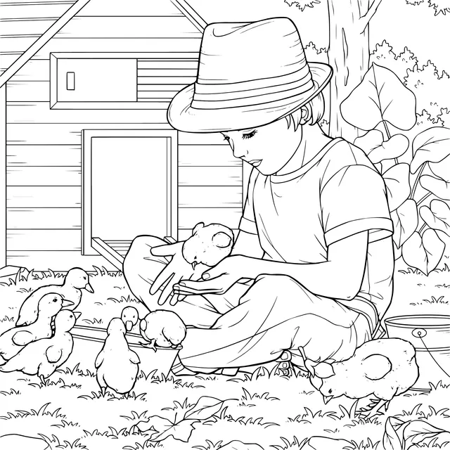 Boy interacting with chicks on the farm