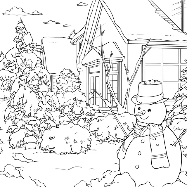 Snowman and Cottage in Winter