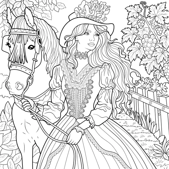 Woman in Retro Attire and Horse