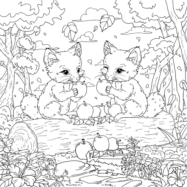Two Foxes Eating Apples in the Forest