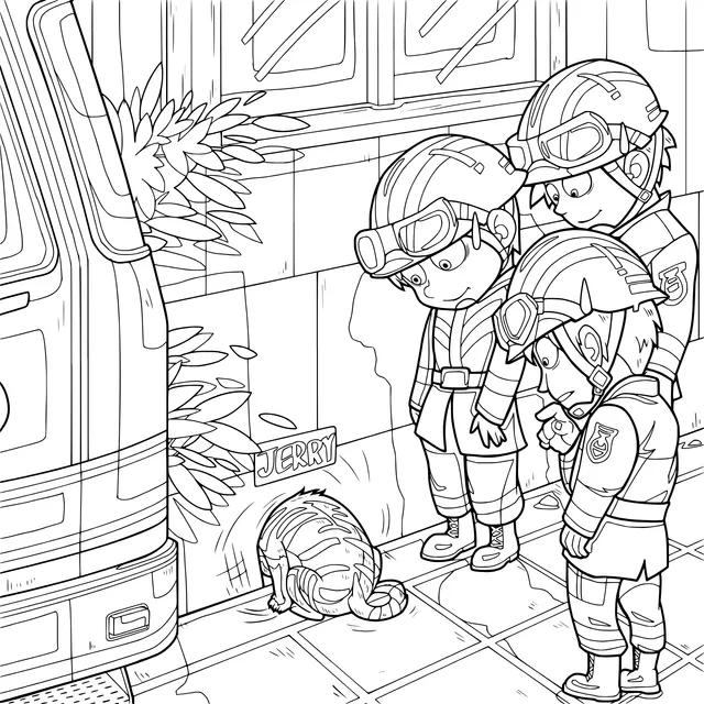 Firefighters and Cat Scene
