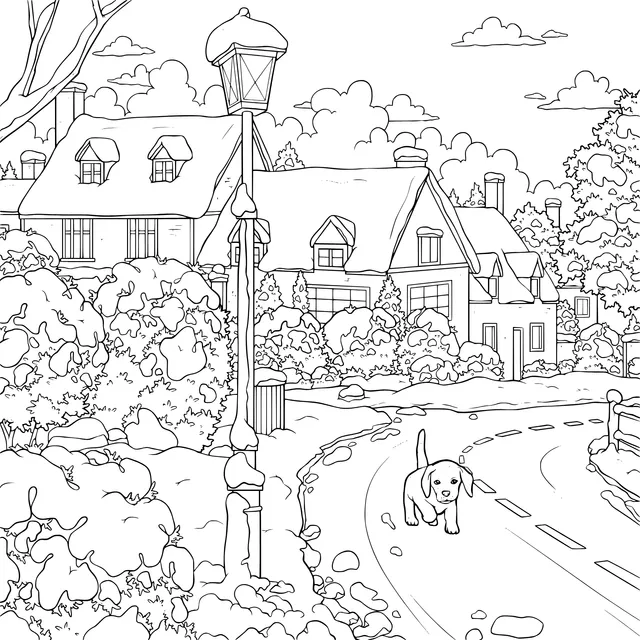 Winter Street Scene with a Puppy