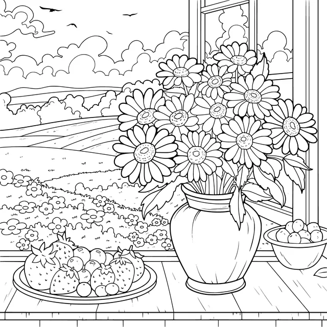Flowers and Fresh Fruits by the Window Scene