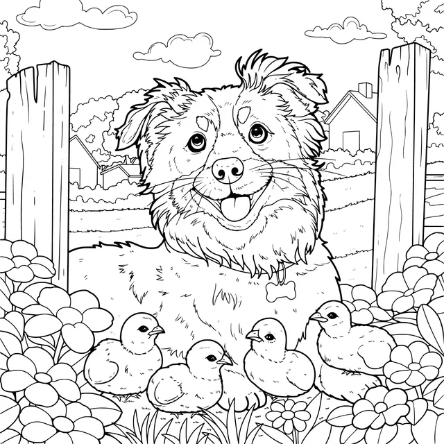 Dog and Chicks in the Countryside