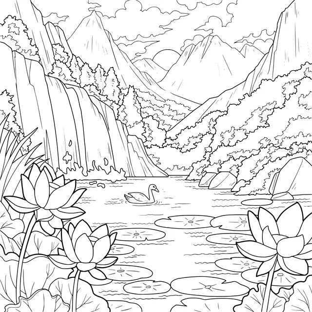 Beautiful Landscape of Mountains, Water and Lotus Pond
