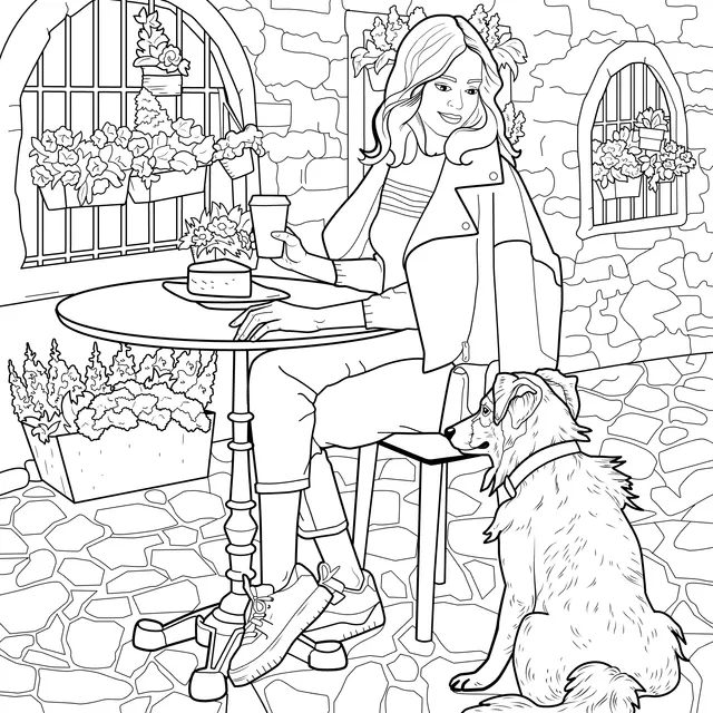 Woman enjoying drinks and desserts outdoors with her dog