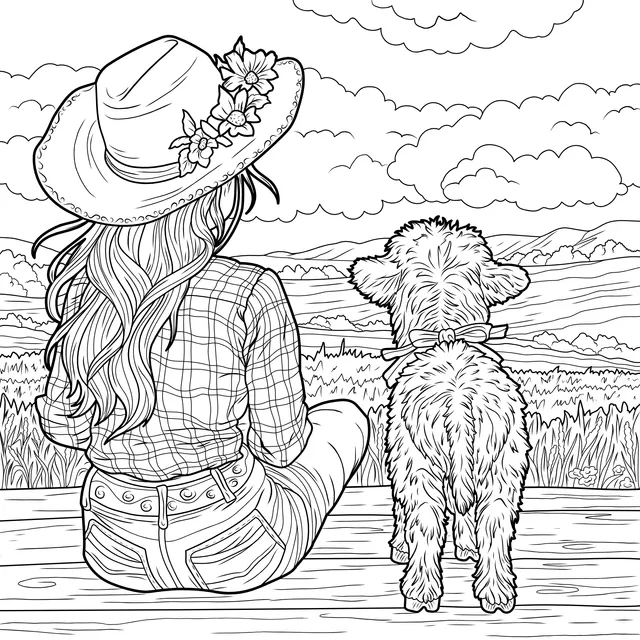 Girl and Lamb Enjoying Pastoral Scenery