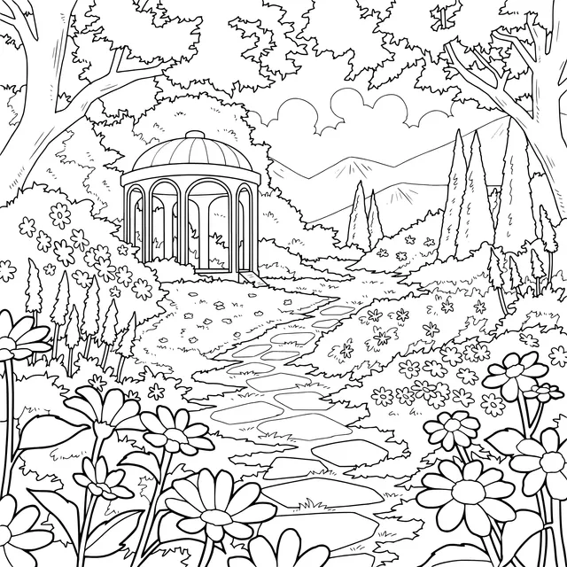Gazebo Path Surrounded by Flowers