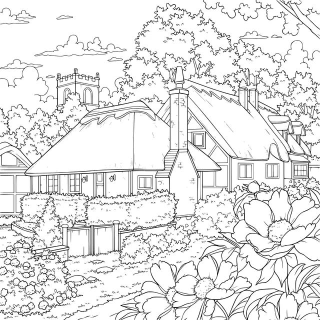 Rustic Cottage and Beautiful Flower Scenery