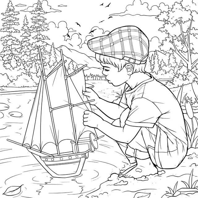 Boy playing with a paper - boat by the river