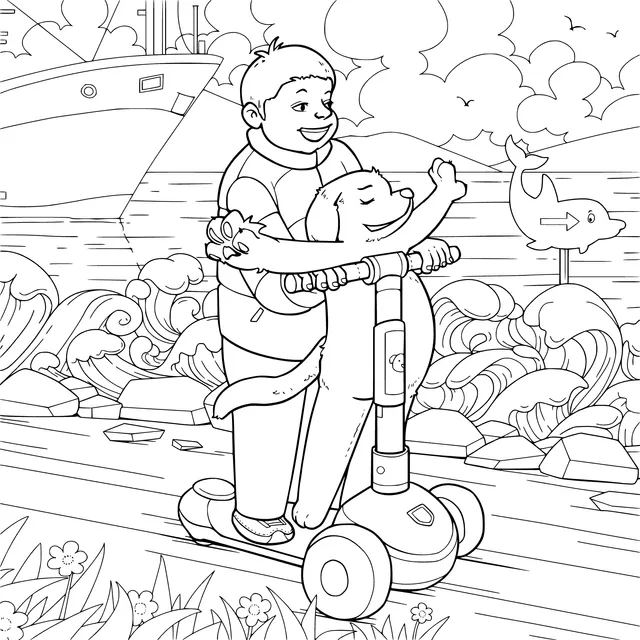 Boy and dog riding a balance - bike by the seaside